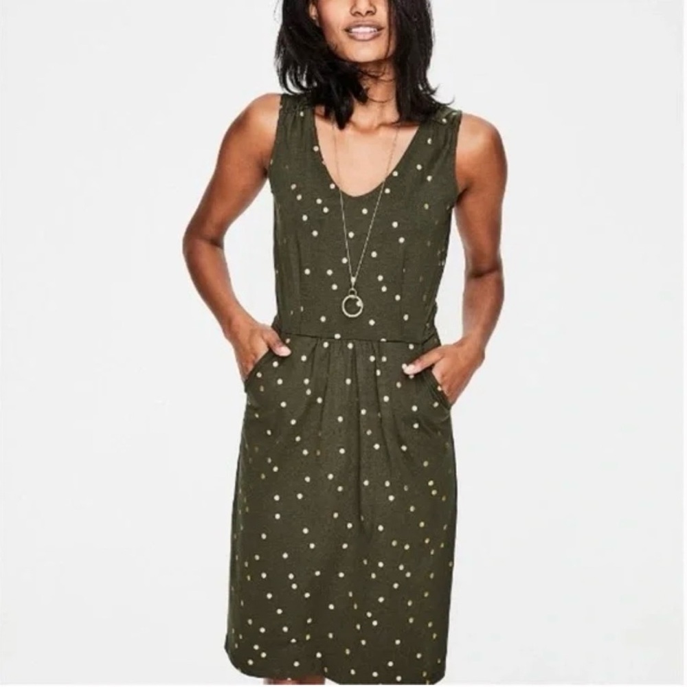 Boden-Melinda Green and Gold- Polka Dot- Tank Dress-Pockets-Spring- Size 8